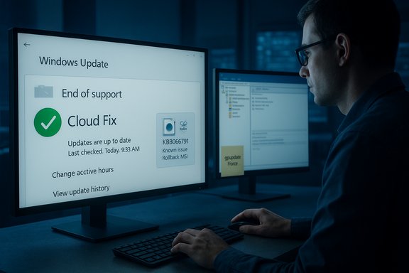 IT professional monitors a Windows Update screen with a green check for Cloud Fix.