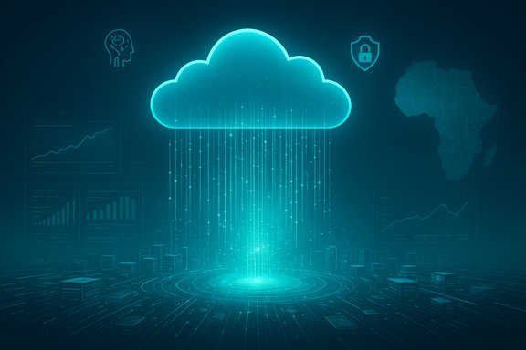 A glowing cloud icon rains data onto a futuristic city, symbolizing cloud computing and analytics.
