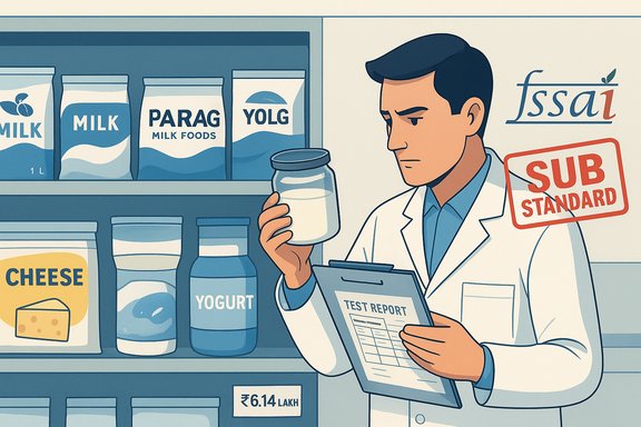 A lab technician inspects dairy jars and reviews a test report amid a SUB STANDARD stamp.