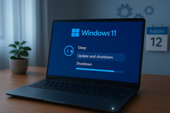 Windows 11 laptop screen displaying the 'Update and shutdown' option with a progress bar.