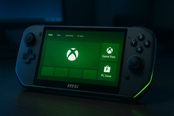 MSI handheld console displaying the Xbox Start screen with Game Pass and PC Store tiles.