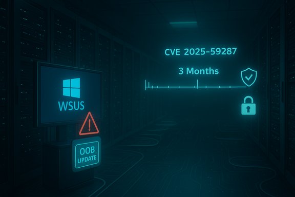 Data center scene showing WSUS update alert for CVE 2025-59287 with a 3-month countdown.