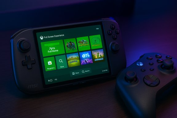 MSI handheld gaming console displaying a colorful Xbox-like home screen.