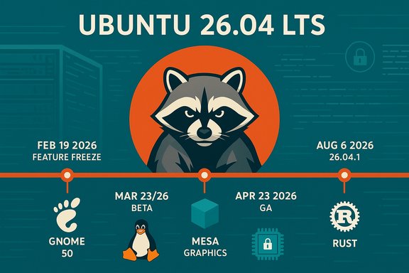 Ubuntu 26.04 LTS poster featuring a raccoon mascot and a release timeline with GNOME, Mesa Graphics, and Rust. Ubuntu 26.04 LTS poster featuring a raccoon mascot and a release timeline with GNOME, Mesa Graphics, and Rust.