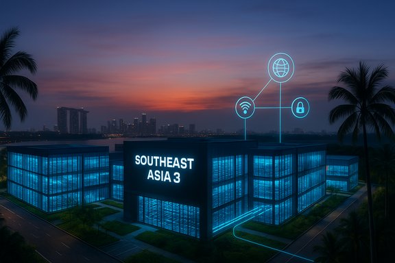 A neon-lit data center named Southeast Asia 3 glows blue with interconnected digital icons at dusk. A neon-lit data center named Southeast Asia 3 glows blue with interconnected digital icons at dusk.