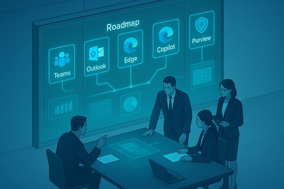 Team reviews a roadmap projected on a wall of app icons: Teams, Outlook, Edge, Copilot, Purview.