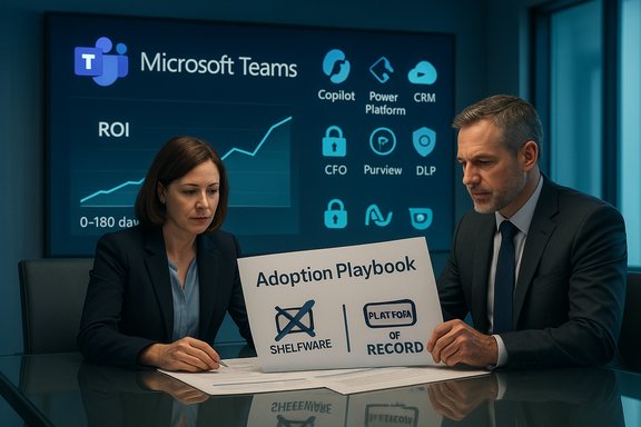 Two executives review an Adoption Playbook to curb shelfware and establish a Platform of Record.
