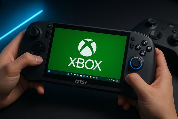 A handheld MSI gaming device displays the green Xbox logo on its screen.