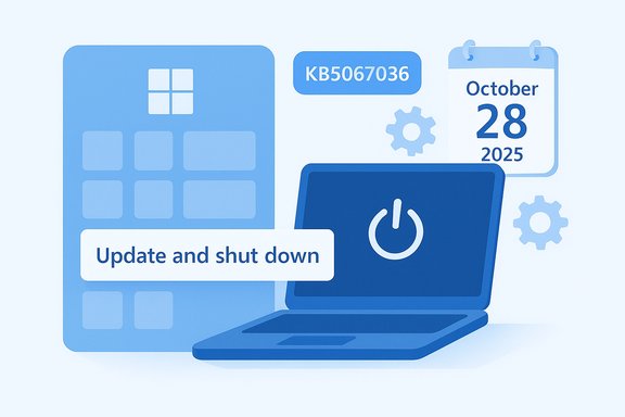 Blue tech illustration of a laptop, calendar date, and an 'Update and shut down' notification.