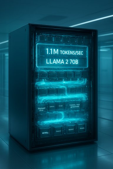 A futuristic server cabinet glowing blue with '1.1M TOKENS/SEC' for LLAMA 2 70B.