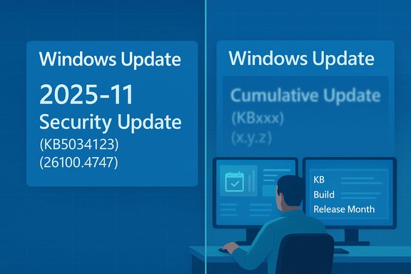 Split-screen Windows Update panels show a 2025-11 Security Update on the left and a Cumulative Update on the right, with a person at a desk.
