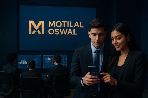 Two suited professionals review data on a smartphone in a Motilal Oswal trading room.