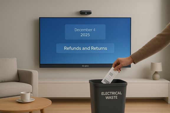 A hand drops a receipt into an Electrical Waste bin as a TV displays Refunds and Returns.
