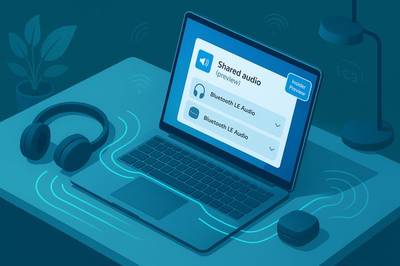 Laptop on a desk shows Shared audio and Bluetooth LE Audio options with headphones nearby.