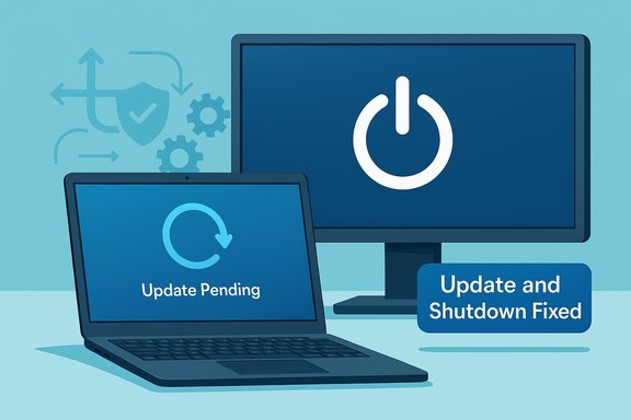 Laptop and monitor display update prompts, signaling a fix for update and shutdown.