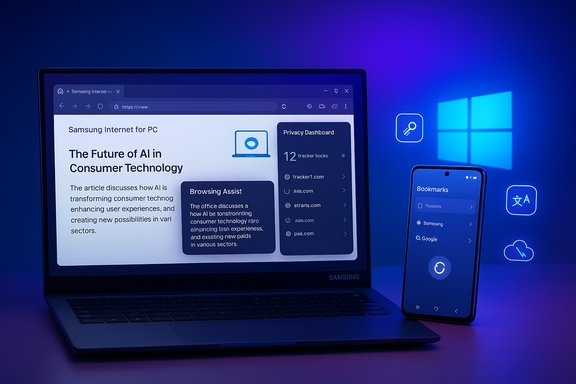 A Samsung laptop and smartphone glow in blue light, displaying an AI article and a privacy dashboard.