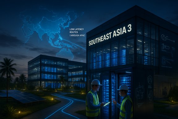 Two engineers in safety vests inspect blue-lit servers at a Southeast Asia data center with a world-map network display.