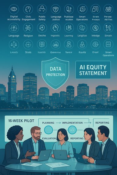 Corporate team discusses a 16-week pilot beneath data protection and AI equity visuals over a city skyline.