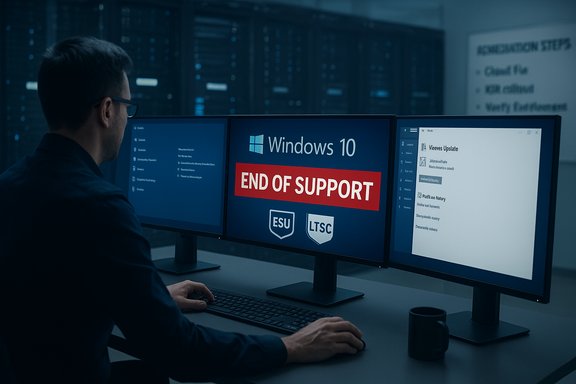 IT worker watches Windows 10 End of Support on three monitors.
