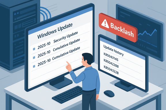 A person reviews Windows Update options on a monitor while a “Backlash” alert appears on a second screen.