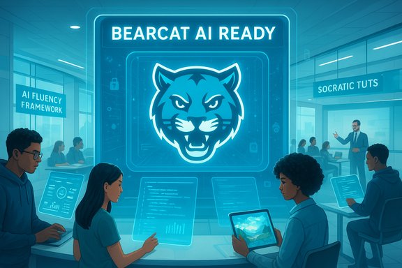 Futuristic AI command center with Bearcat AI Ready sign and analysts using holographic screens.
