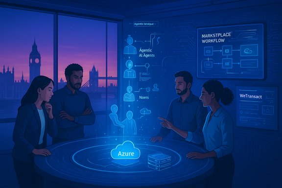 Team collaborates on Azure cloud and AI workflow around a holographic table with the London skyline.