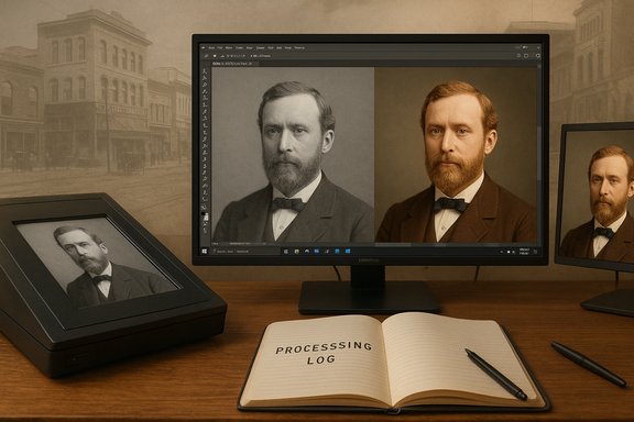 Vintage photo-editing desk with a portrait edited on two monitors and a processing log notebook.