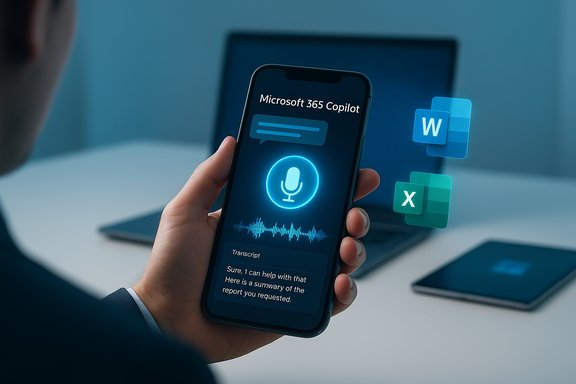 A person uses Microsoft 365 Copilot on a smartphone, with Word and Excel icons nearby.