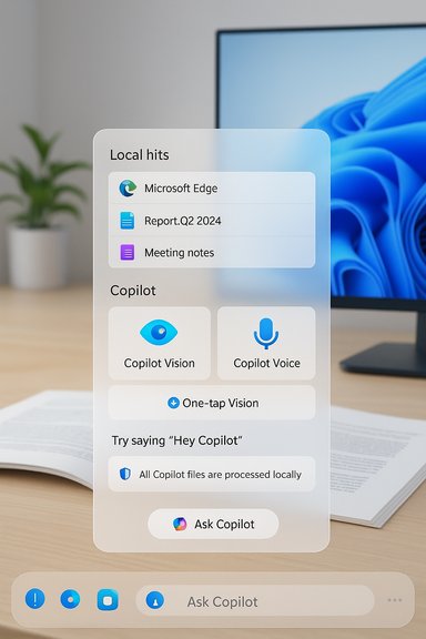 A translucent Copilot panel hovers over a desk, displaying Local hits and Copilot tools.