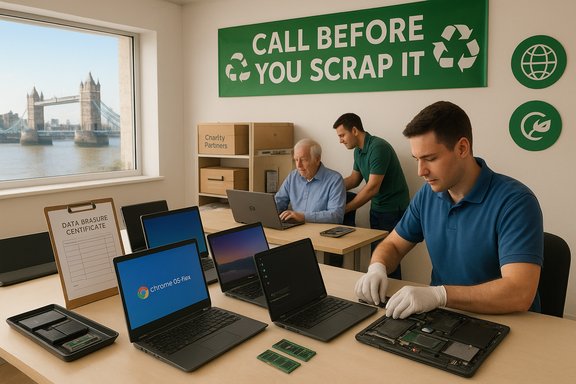 Tech recycling team refurbishes laptops in a bright workshop under a “Call Before You Scrap It” sign. Tech recycling team refurbishes laptops in a bright workshop under a “Call Before You Scrap It” sign.