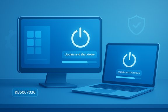 Blue-toned monitor and laptop displaying an 'Update and shut down' screen.