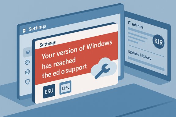 IT admin dashboard showing a Windows end-of-support warning with ESU/LTSC badges. IT admin dashboard showing a Windows end-of-support warning with ESU/LTSC badges.