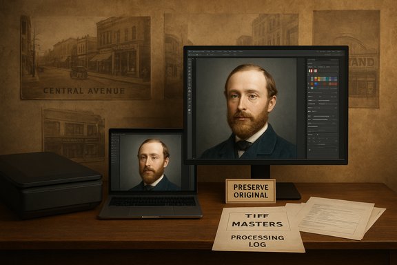 A vintage editing desk with laptop and monitor displaying a portrait, beside a 'Preserve Original' sign.