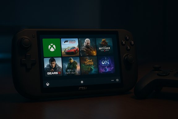 MSI handheld gaming console displaying a tile-based game library, including Xbox, Forza, Witcher, and Halo Infinite.