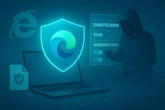 Hooded hacker targets a glowing security shield beside Windows SmartScreen and Edge.