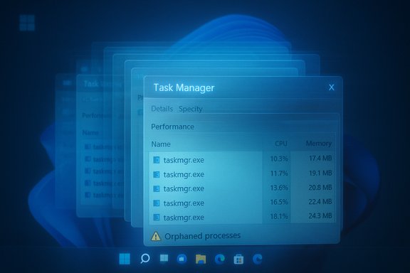 Overlapping blue-tinted Task Manager windows on a Windows desktop.