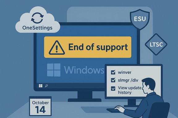 Illustration of Windows end-of-support signage with ESU and LTSC icons, and a user at a computer. Illustration of Windows end-of-support signage with ESU and LTSC icons, and a user at a computer.