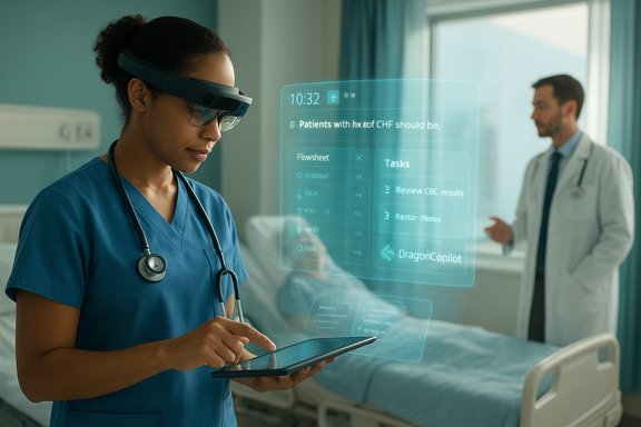 Nurse in blue scrubs uses AR headset and holographic display to review patient data.