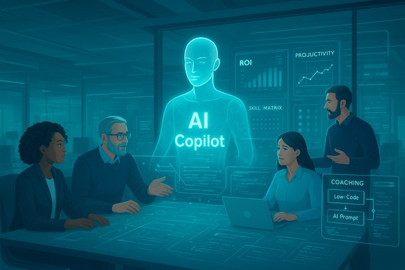 Team meets a glowing AI Copilot hologram in a high-tech conference room.