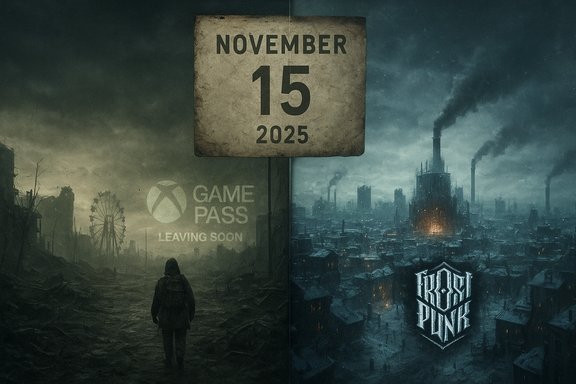 Split-scene dystopia: lone traveler in a ruined wasteland on the left, smoky industrial city on the right.