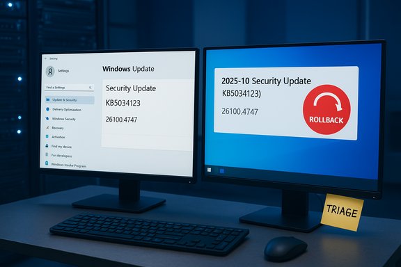 Two computer monitors show Windows Update screens, one with a rollback notice and a TRIAGE sticky note.