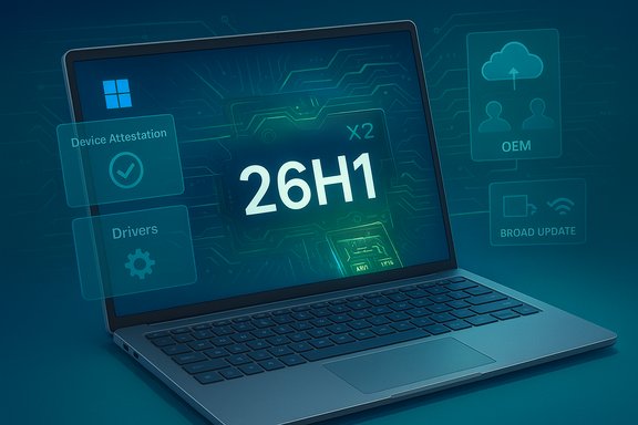 Futuristic laptop with holographic UI showing device attestation, drivers, and updates.
