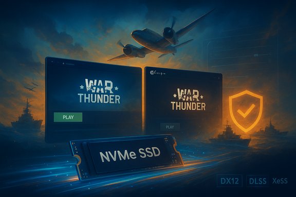 Two War Thunder screens, an NVMe SSD, and a warplane over a fleet at sunset.