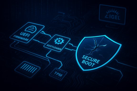 Neon blue circuit diagram of UEFI firmware, bootloader, TPM, and Secure Boot shield.