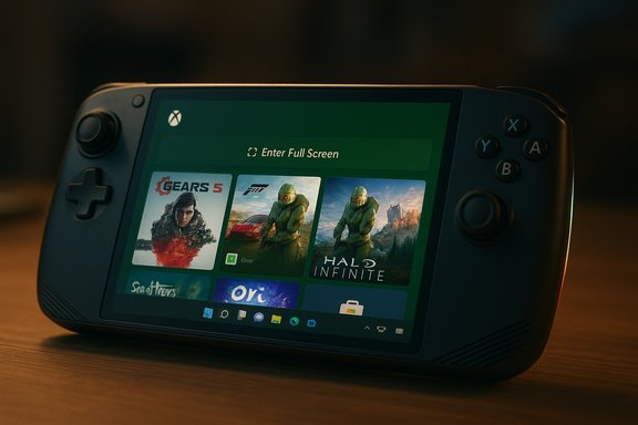 A handheld Switch-like console on a wooden table shows a game library with Halo Infinite and Gears 5.