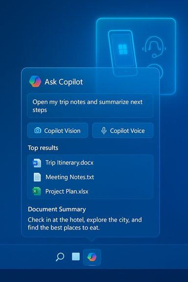 A futuristic blue UI card titled Ask Copilot showing trip notes, top documents, and Copilot Vision/Voice options.