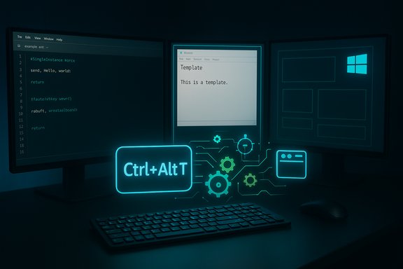 Dim multi-monitor workstation with neon Ctrl+Alt+T, code on left, template center, Windows layout on right.