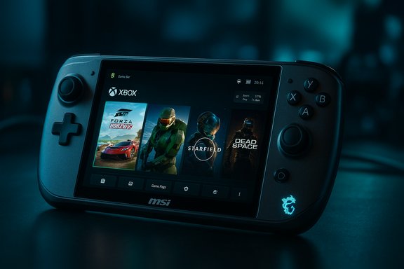 MSI handheld gaming device showing an Xbox library with Forza Horizon, Starfield, and Dead Space.