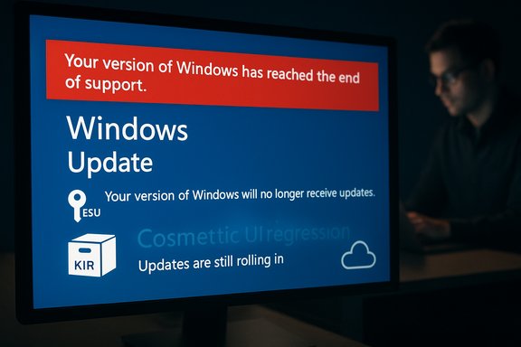 A Windows Update screen shows an end-of-support warning with “updates are still rolling in.”