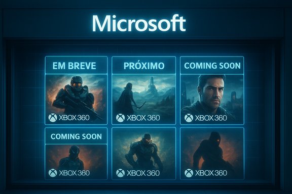 Microsoft storefront with a blue neon grid of Xbox 360 game posters labeled Coming Soon.